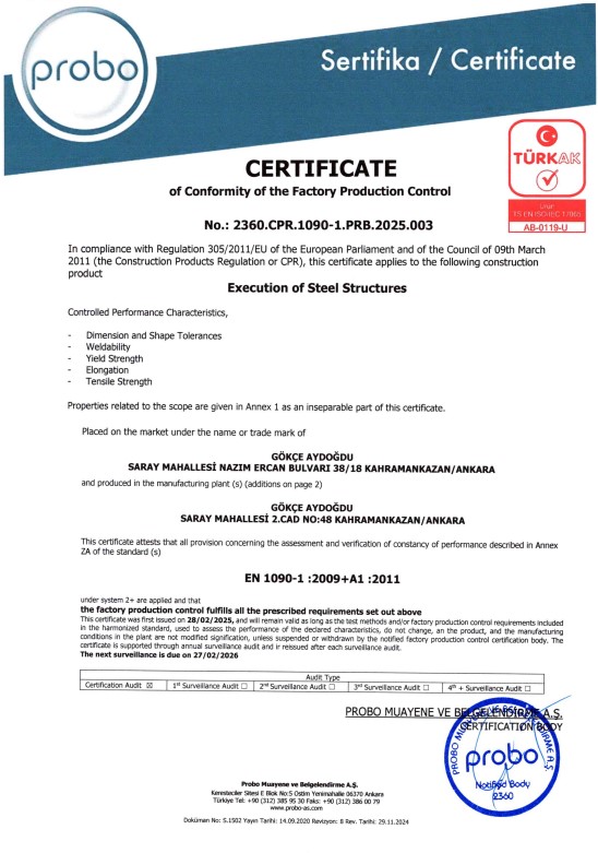 EN 1090-1:2009 Kalite Belgesi