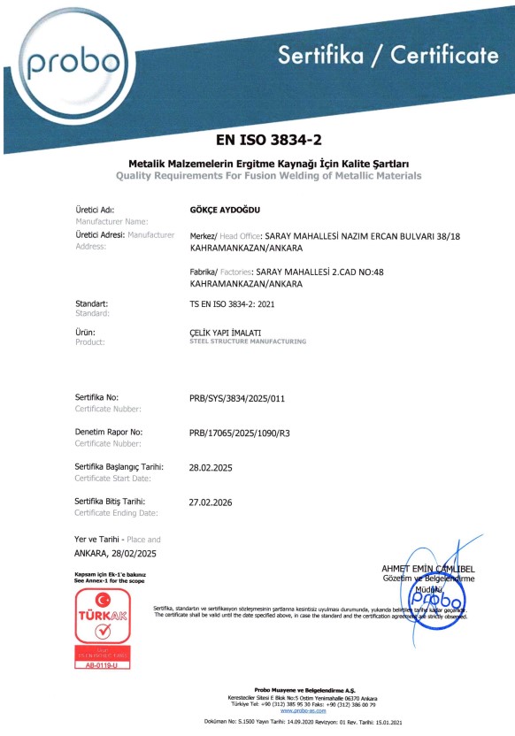 EN ISO 3834-2 Kaynak Kalite Belgesi